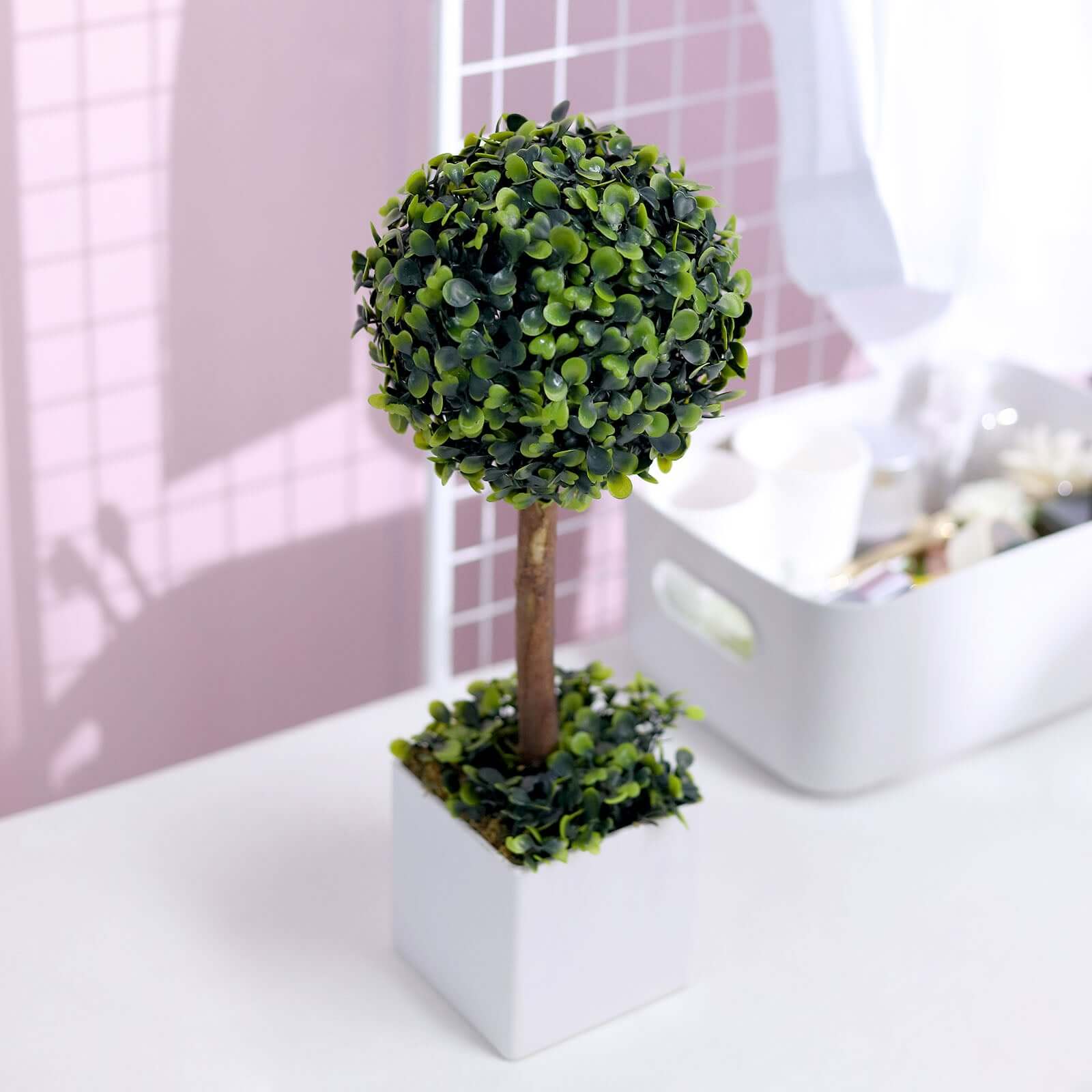 Green Artificial Boxwood Topiary Ball Tree In White Planter Pot 16