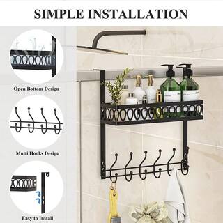 Aoibox 15.6 in. Shower Caddy Basket Metal Over the Door Hooks Door Hanger Organizer with Hooks  Racks in Black SNMX4749