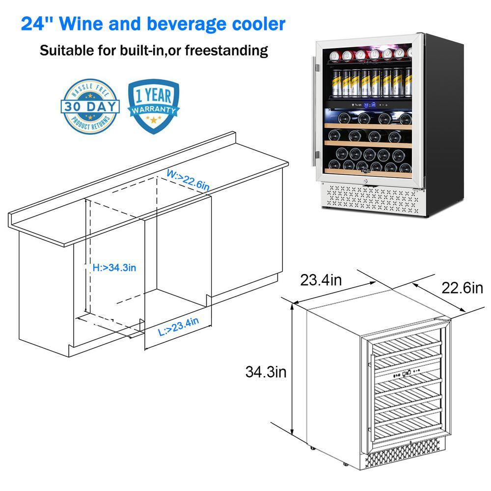 Tylza Dual Zone 24 in. 29-Bottle (25.36 oz.) Wine and 94 Can (12 oz.) Beverage Cooler Buitl-in and Freestanding TYWC150-2