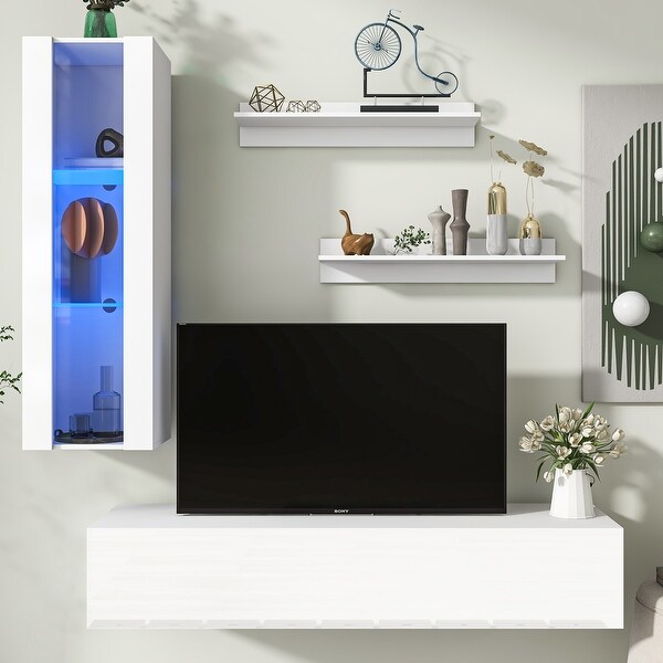 4-Piece Wall Mount Floating TV Stand with Media Storage Cabinet， Modern High Gloss RGB Entertainment Center up to 70+ Inch TV