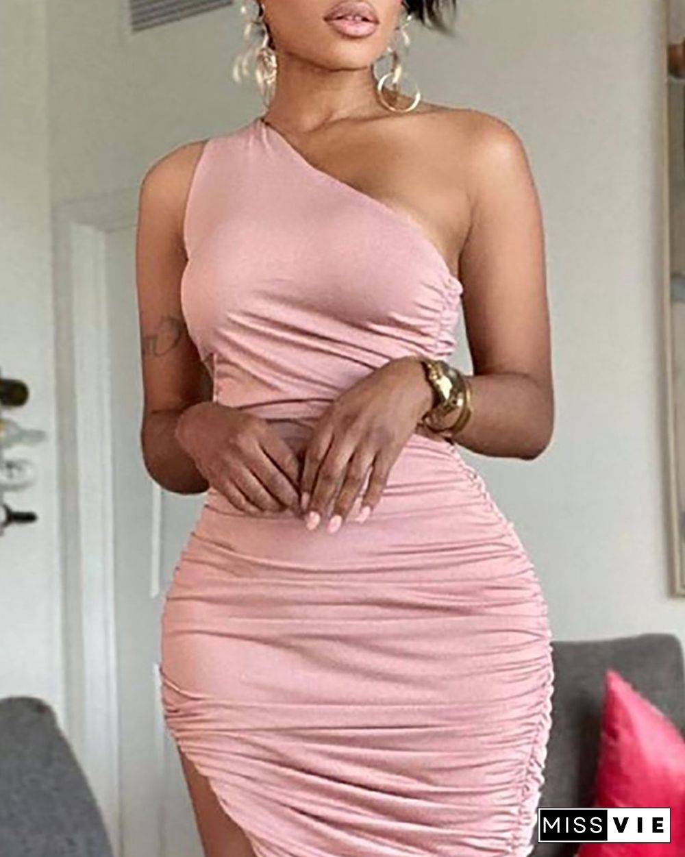 One Shoulder Drawstring Ruched Party Dress