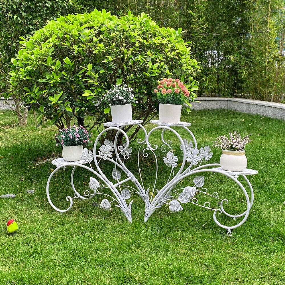 Plant Stand Heart Shaped Set of 2 Metal Flower Racks Potted White