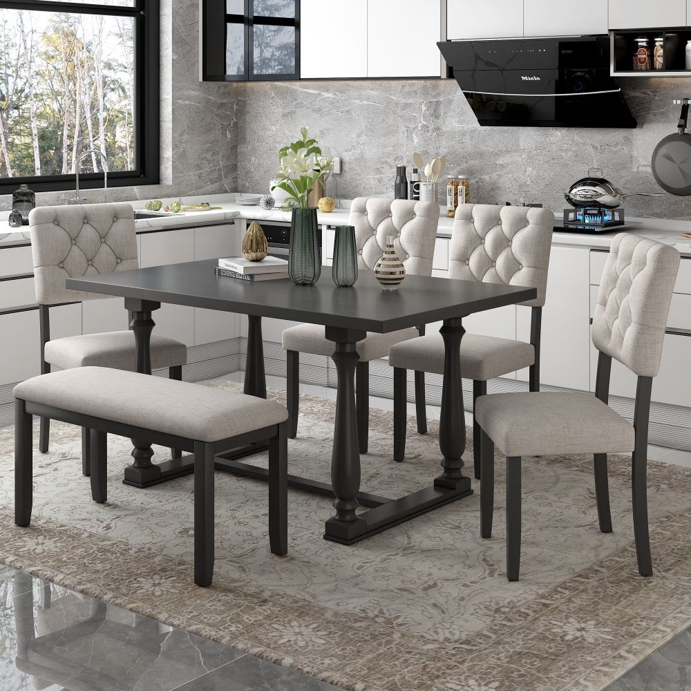 6 Piece Dining Table and Chair Set with Special shaped Legs and Foam covered Seat Backs Cushions for Dining Room