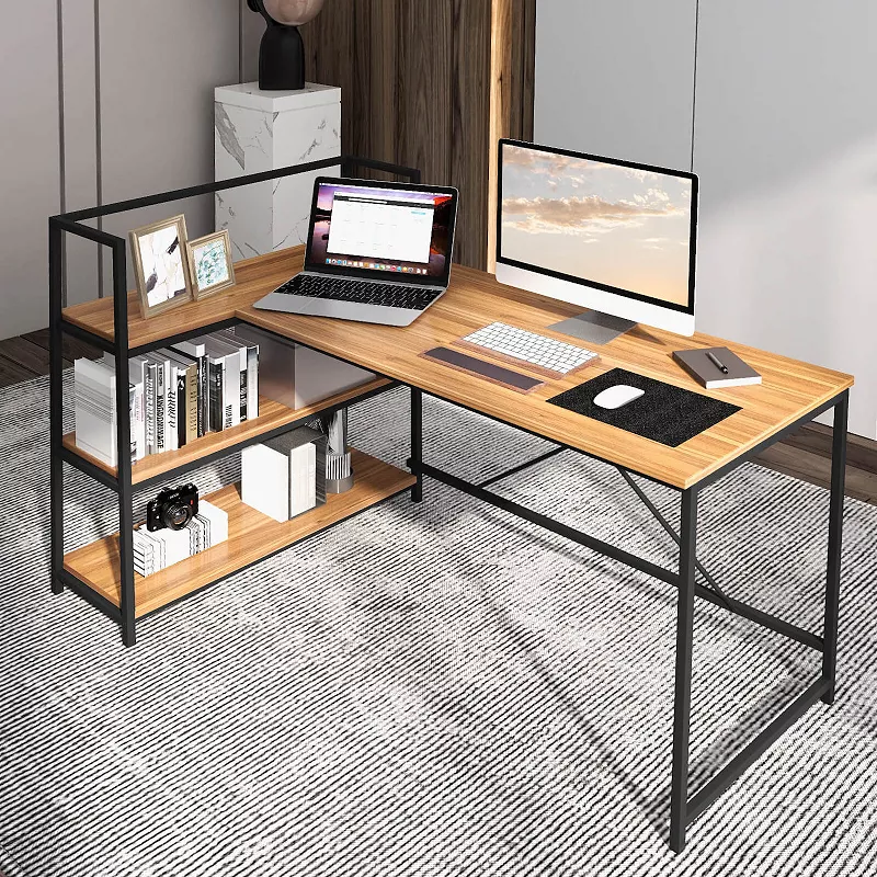 Reversible L Shaped Computer Corner Workstation with 3-Tier Open Shelf