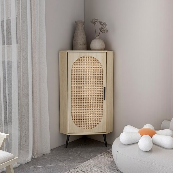 Corner cabinet ，Rattan door，Freestanding Corner Tables For Small Spaces， Corner Shelf Stand For Living Room