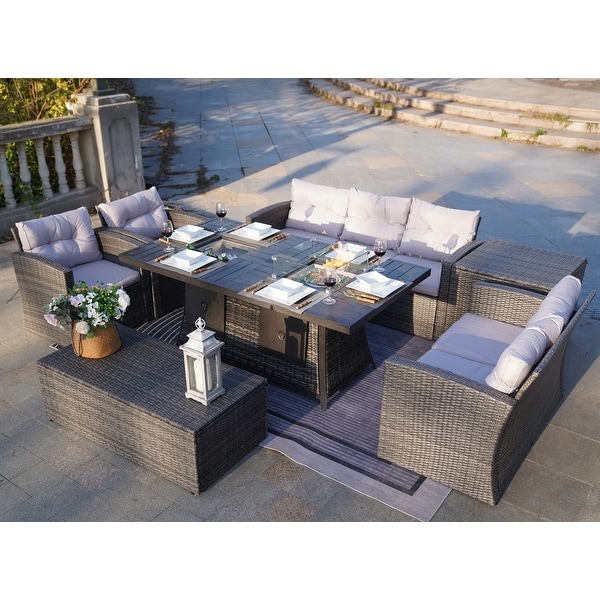 Patio Wicker Sofa Set With Firepit and Ice Container Rectangle Dining Table