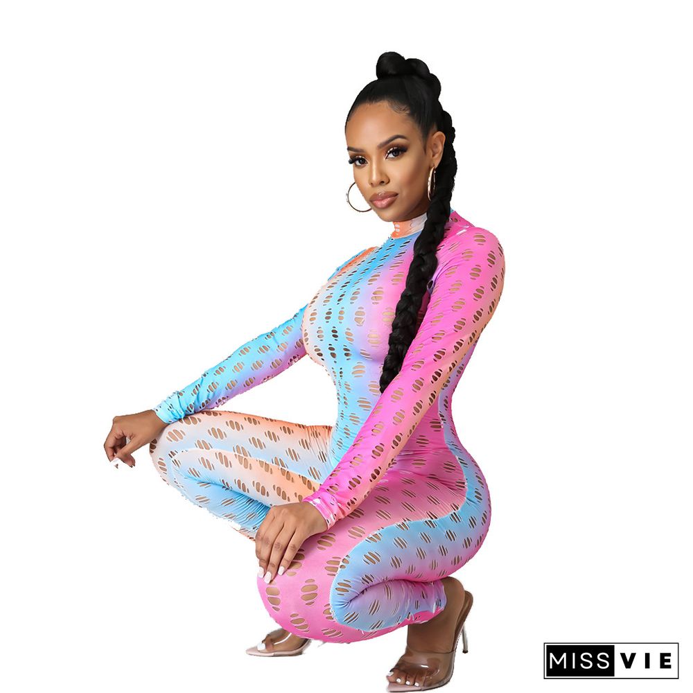 Women Spring Jacquard Knitted Long Sleeve Back Zipper Casual Fitness Bodycon Jumpsuit