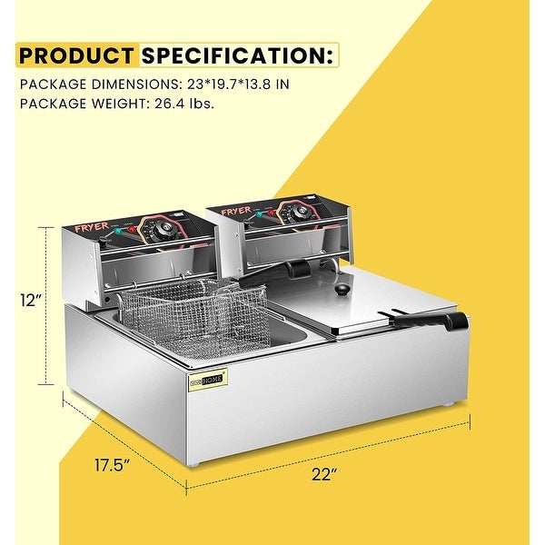 110V 20.7 Qt Commercial Electric Deep Fryer with 2 x 6.35 QT Removable Baskets， Overheat Protection