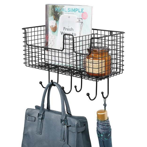 Mdesign Metal Storage Organizer Basket With 6 Hooks Wall Mount