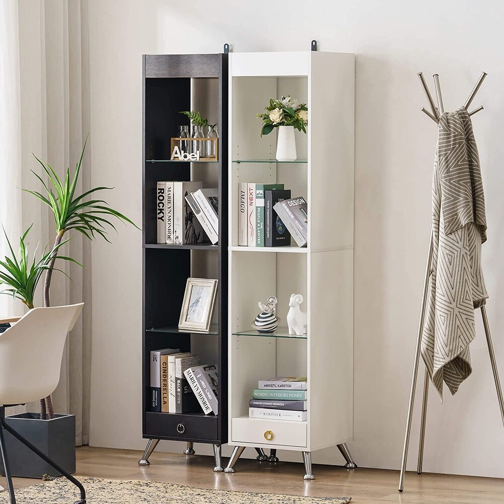 Ivinta Tall Bookshelf for Small Spaces  Narrow Bookcase with Adjustable Glass Display Shelf