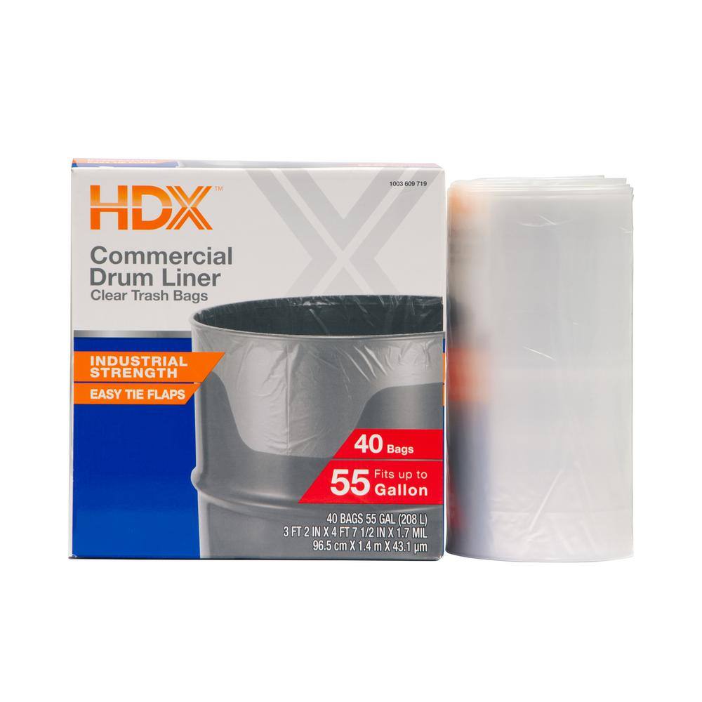 HDX 55 Gal. Clear Heavy-Duty Flap Tie Drum Liner Trash Bags (320-Count) Eight 40-Count Boxes HD55WC040C-8PK