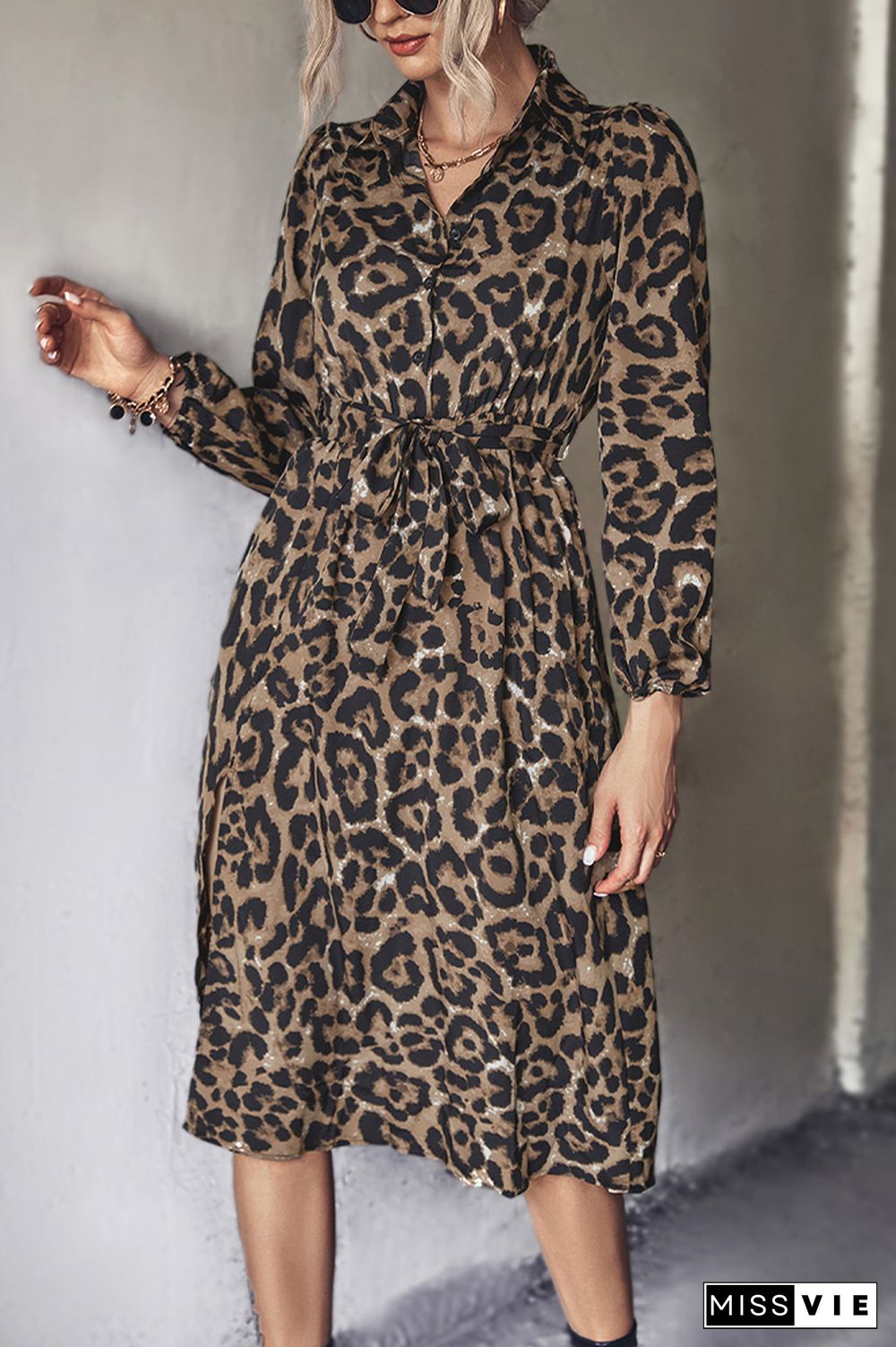 Button Down High Waist Leopard Midi Dress