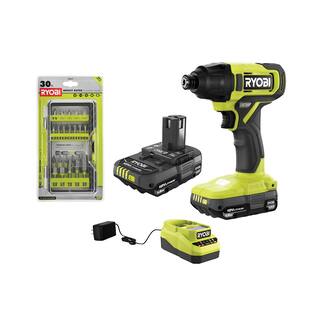 RYOBI ONE+ 18V Cordless 14 in. Impact Driver Kit with (2) 1.5 Ah Batteries Charger and Impact Rated Driving Kit (30-Piece) PCL235K2-AR2037