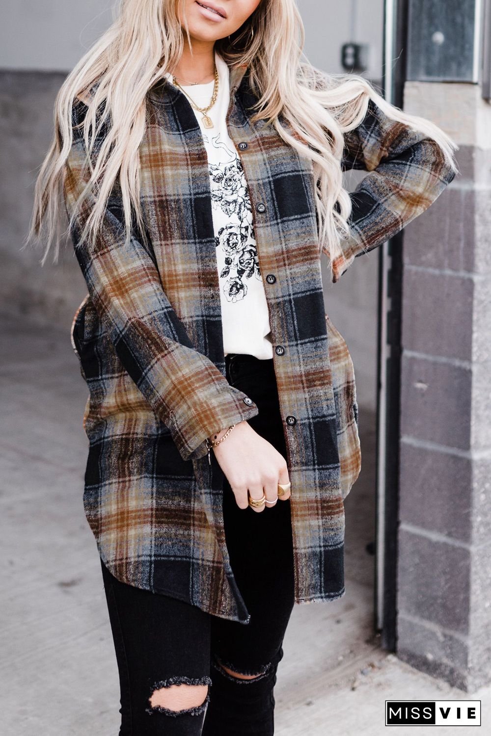 Oversize Rounded Hem Plaid Shirt with Slits