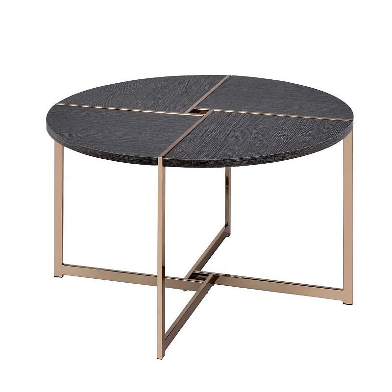 Coffee Table with X Shaped Metal Base and Round Wooden Top， Gold and Gray