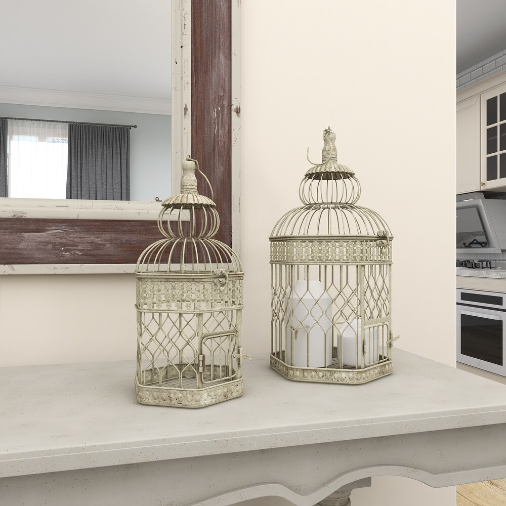 Cream Metal Vintage Birdcage with Latch Lock Closure and Hanging Hook (Set of 2)   10 x 10 x 21