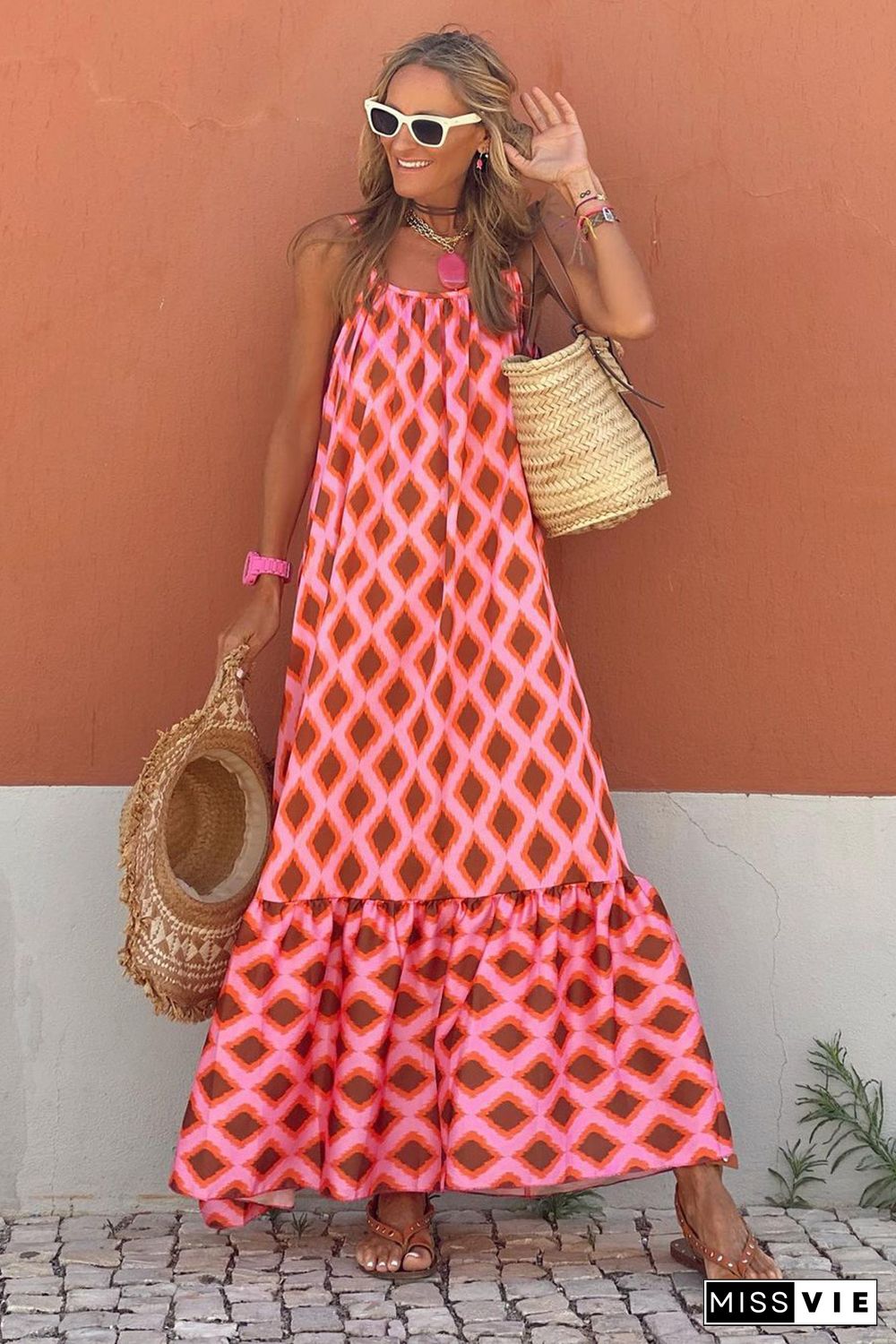 Red Geometric Print Loose Fit Sleeveless Maxi Dress