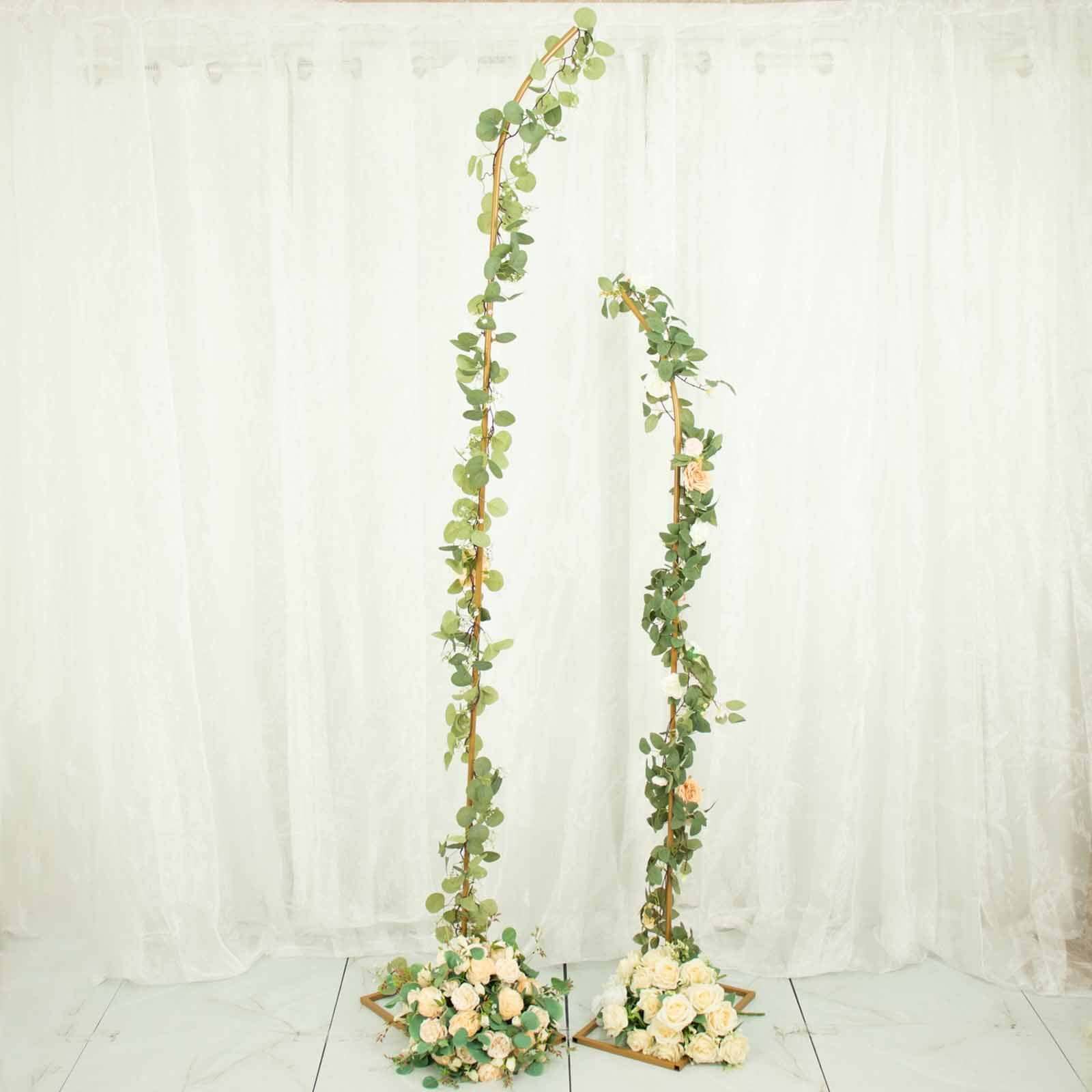 Set of 2 Gold Metal Curved Top Wedding Arch Frames, Balloon Flower Backdrop Stands 6ft, 8ft