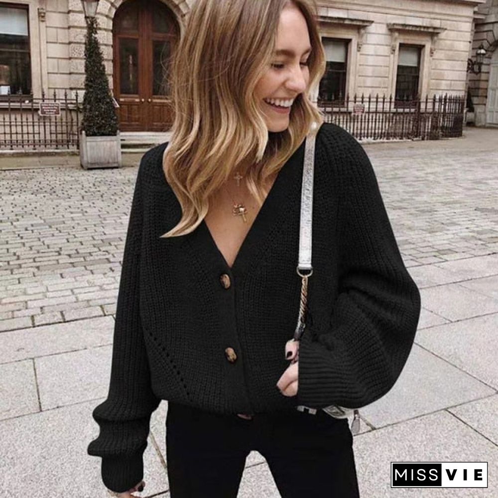 Women Knitted Cardigans Sweater Fashion Autumn Long Sleeve Loose Coat Casual Button Thick V Neck Solid Female Tops