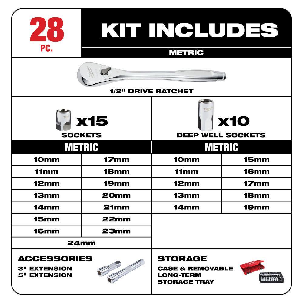 MW 12 in. Drive SAEMetric Ratchet and Socket Mechanics Tool Set (50-Piece) 48-22-9410-48-22-9510