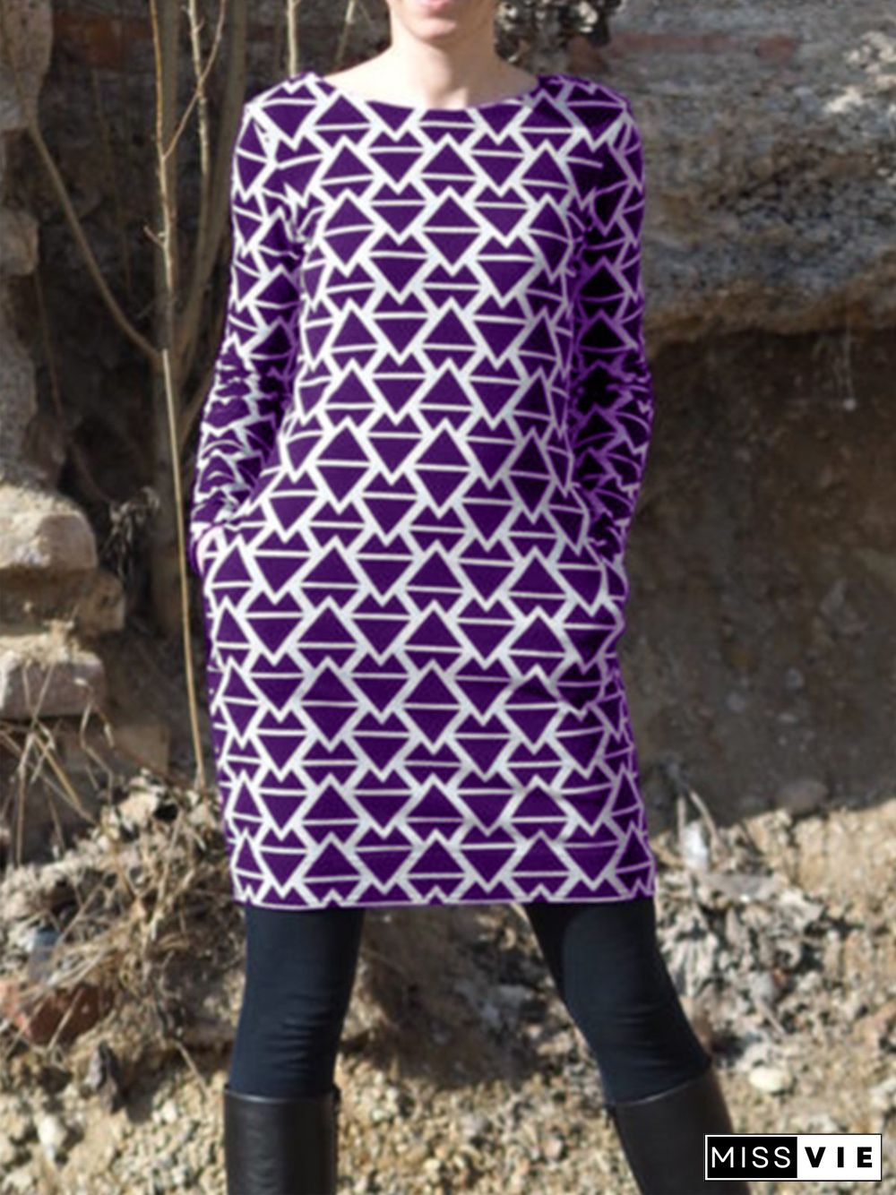 Casual Crew Neck Printed Knitting Dress