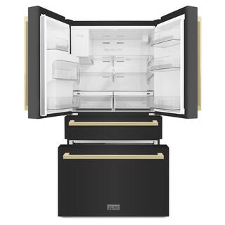 ZLINE Kitchen and Bath Autograph Edition 36 in. 4-Door French Door Refrigerator with Square Champagne Bronze Handles in Black Stainless Steel RFMZ-W36-BS-FCB