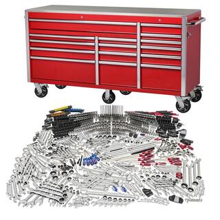 Husky 72 in. W x 24 in D Heavy Duty 15.-Drawer Mobile Workbench with Mechanics Tool Set (1025-Piece) in Gloss Red H1025TB72REDCB