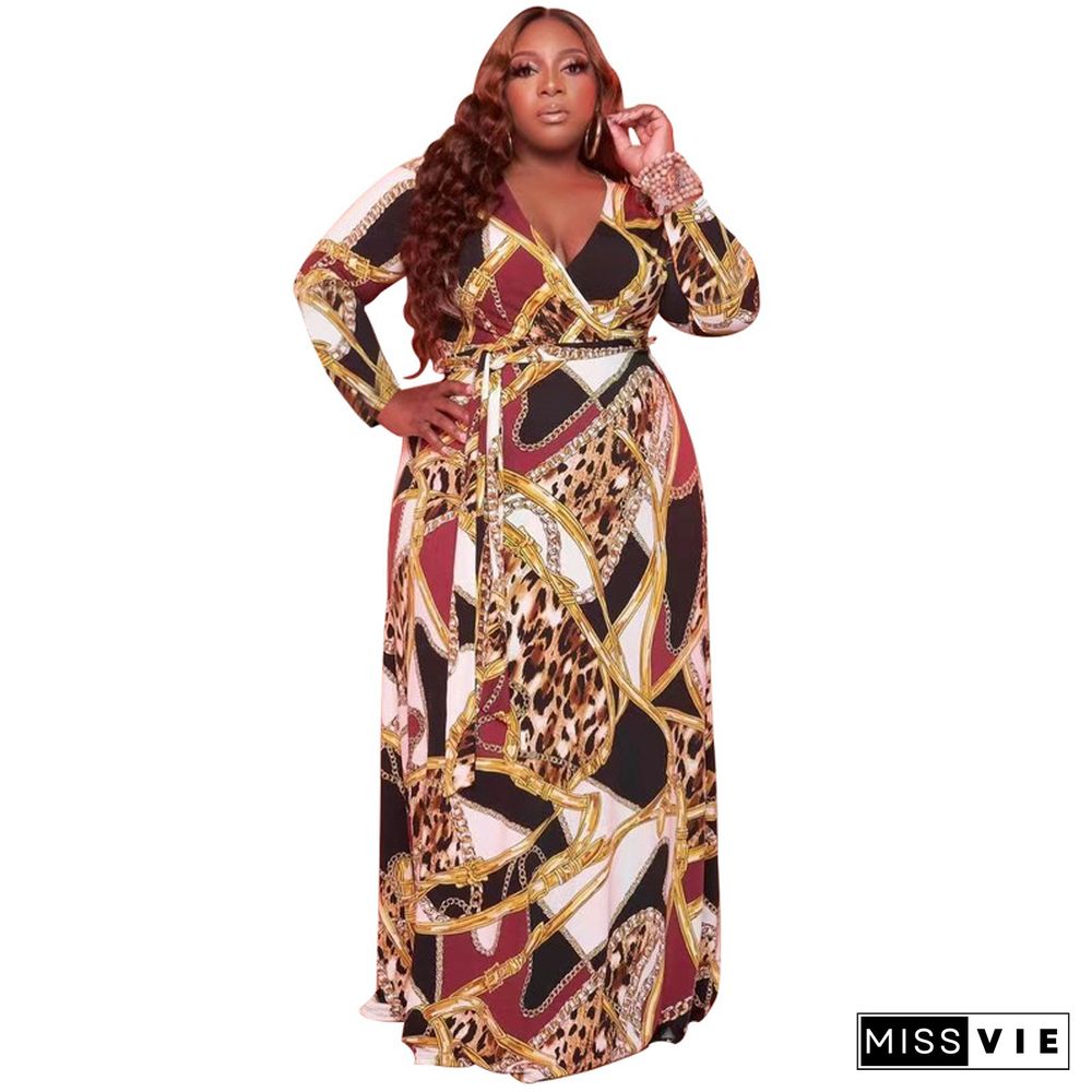 Plus Size Long Sleeve Print with Sashes Maxi Dresses