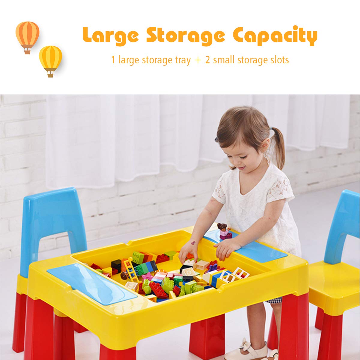 Costzon 7 in 1 Kids Table and 2 Chair Set, Children Building Block Table with Storage