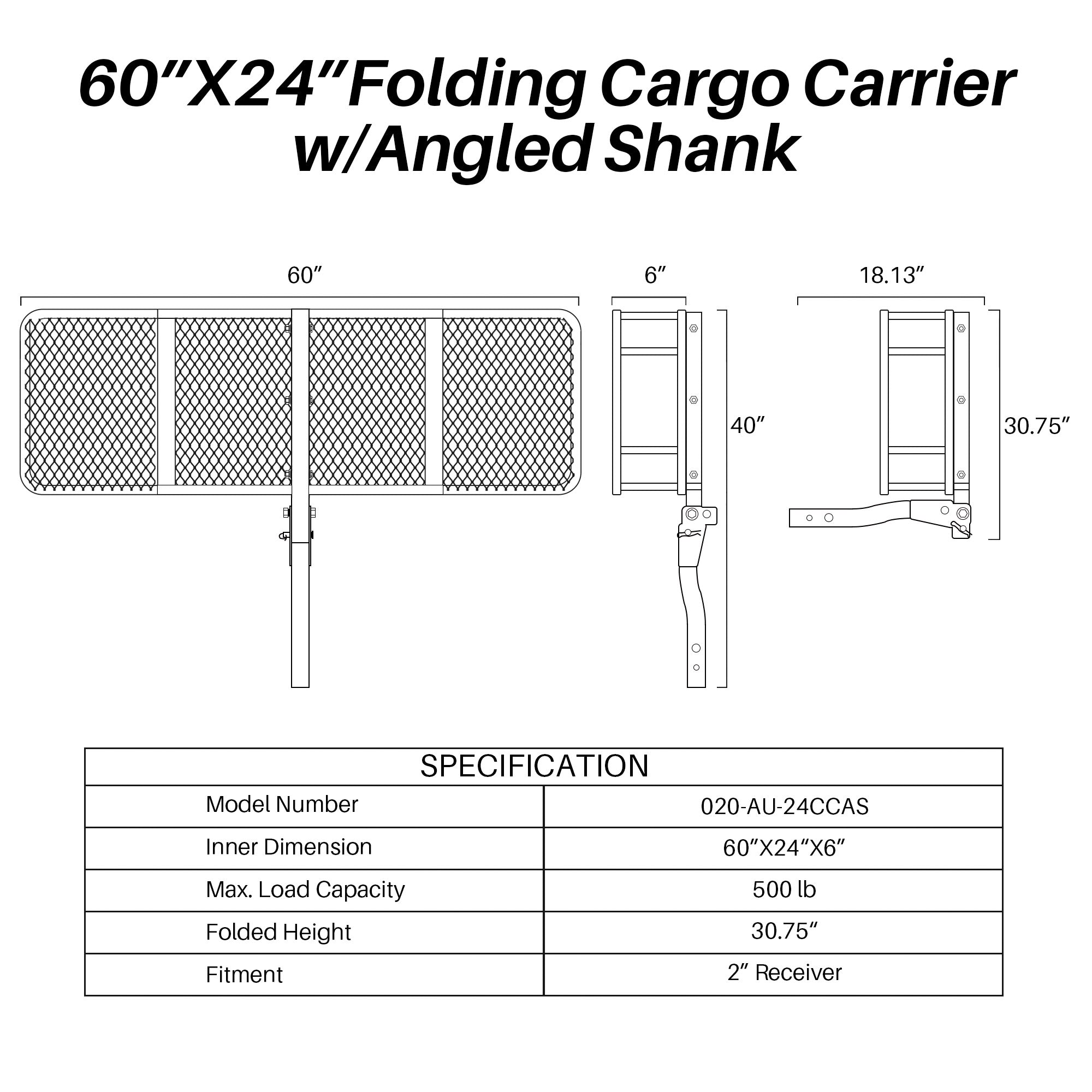 ARKSEN 60" x 24" x 6" Hitch Mount Folding Angled Shank Cargo Carrier With Cargo Net Fit 2" Receiver 500LBS Capacity