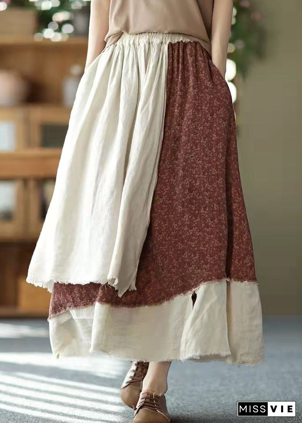 Vintage asymmetrical design elastic waist layered design Pockets Linen Skirt Summer