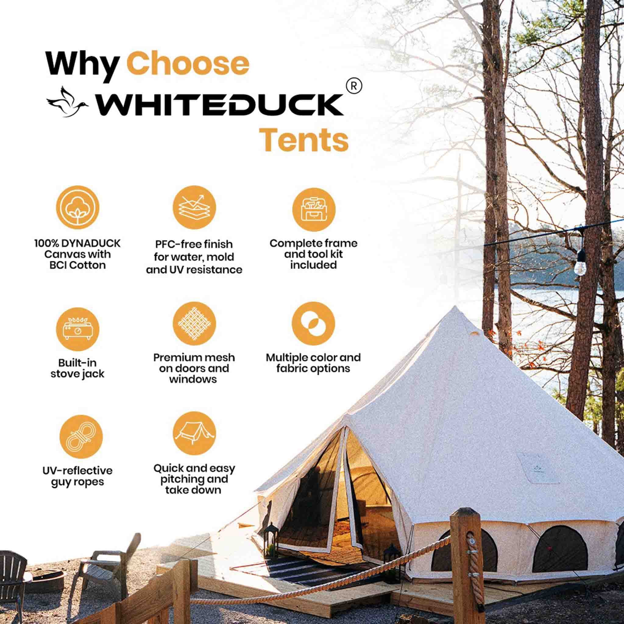 WHITEDUCK Avalon Canvas Bell Tent - Luxury All Season Tent for Camping and Glamping Made from Premium and Breathable 100% Cotton Canvas w/Stove Jack， Mesh