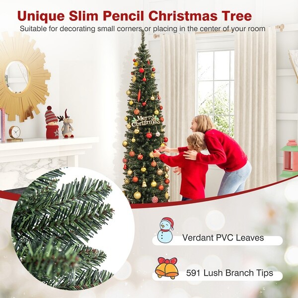 Gymax 5/6/7/8/9 ft PreLit Artificial Christmas Tree Slim Pencil Xmas