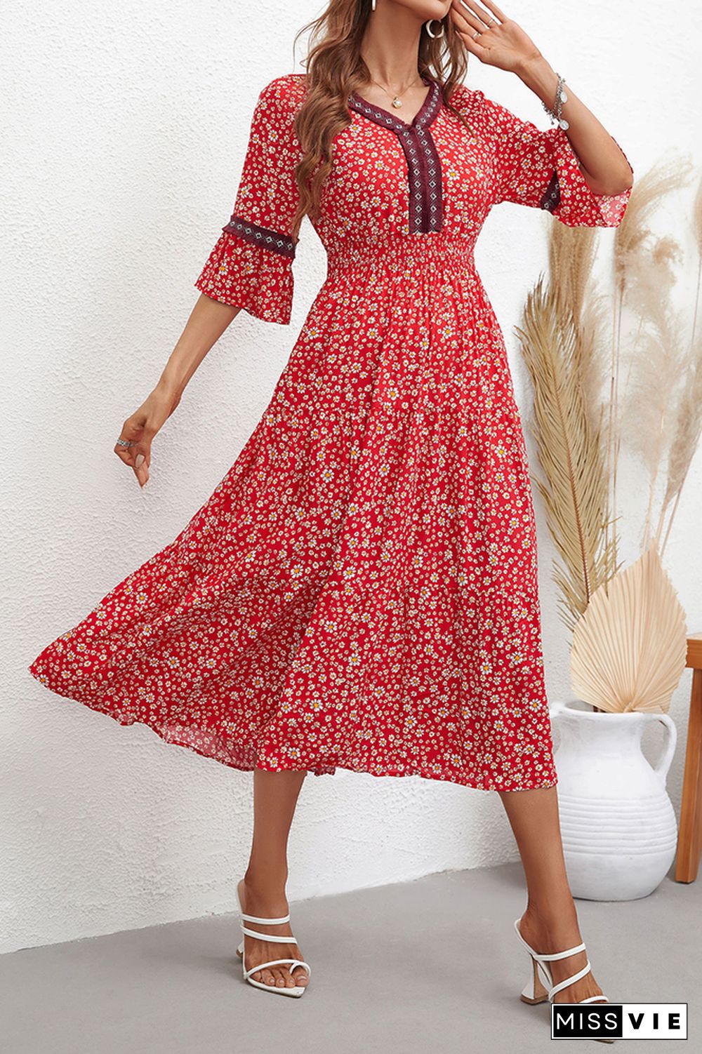 Half Sleeve Sunflower Print Patckwork Dress