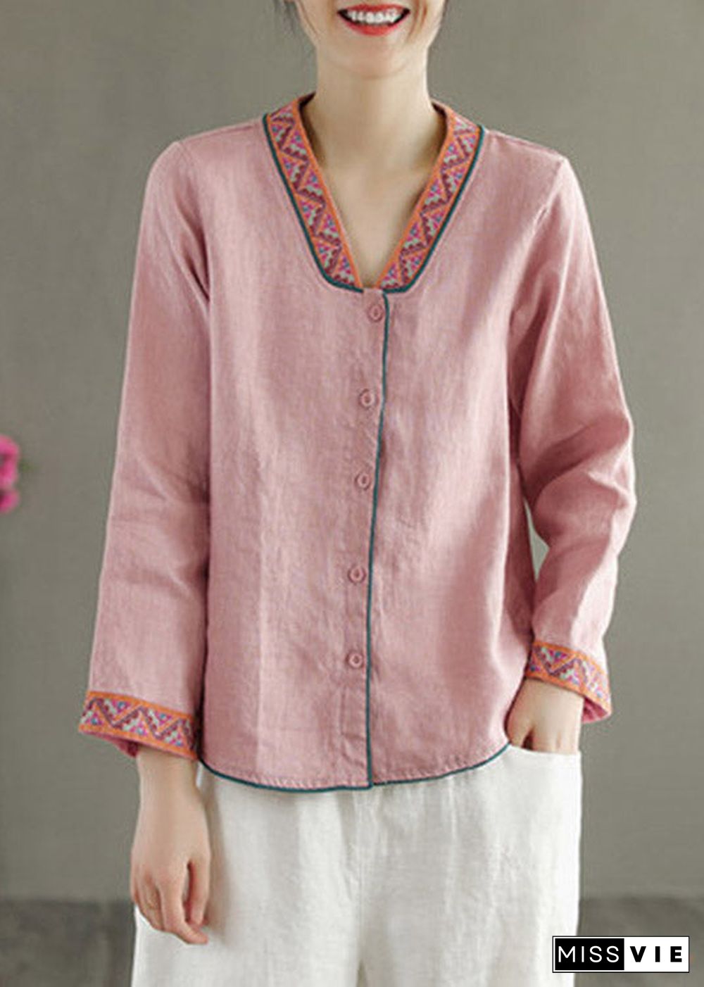 Boho Blue V Neck Embroideried Button Linen Shirt Long Sleeve