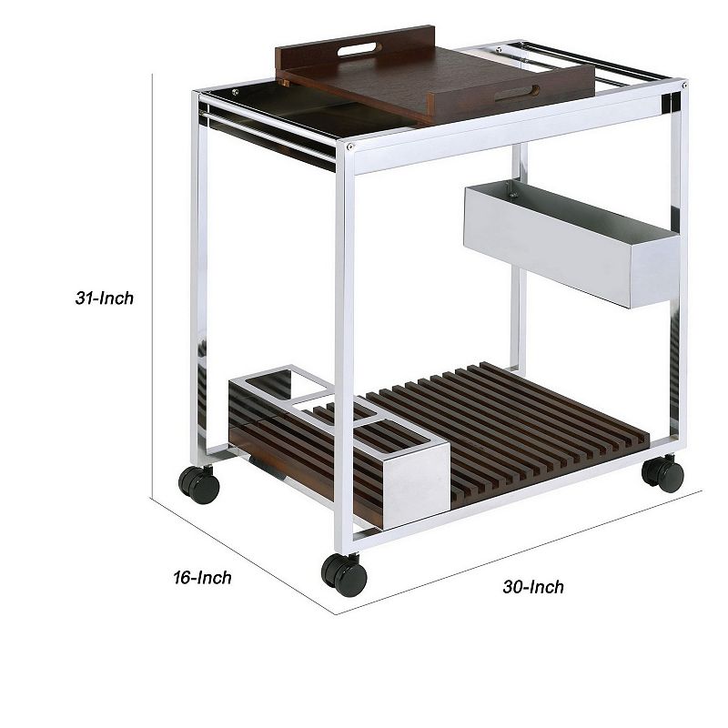 Metal and Wood Serving Cart with Tray and Floating Shelf， Brown and White