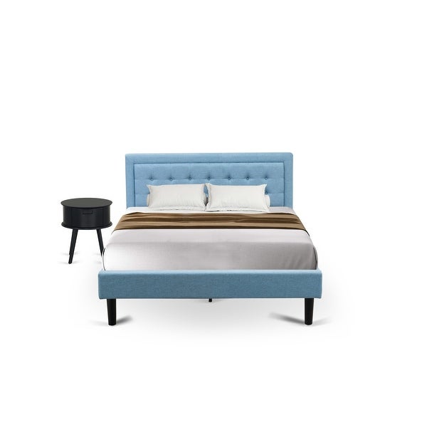 Platform Bedroom Set with Queen Bed and a Wood Nightstand - Denim Blue Linen Fabric ( End Table Pieces Option ) - - 33887615