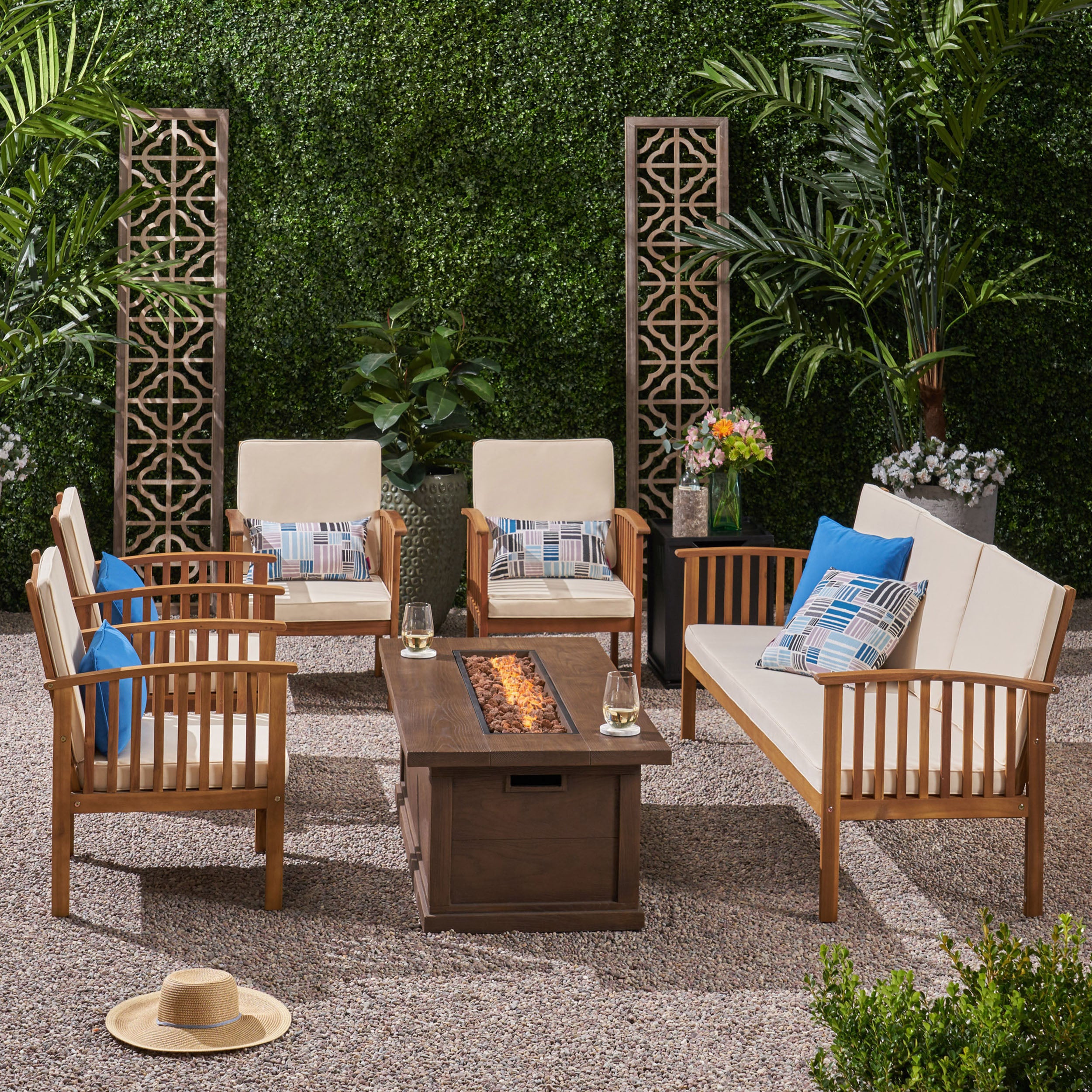 Suzanne Sophia Outdoor 7 Piece Acacia Wood Chat Set with Fire Pit