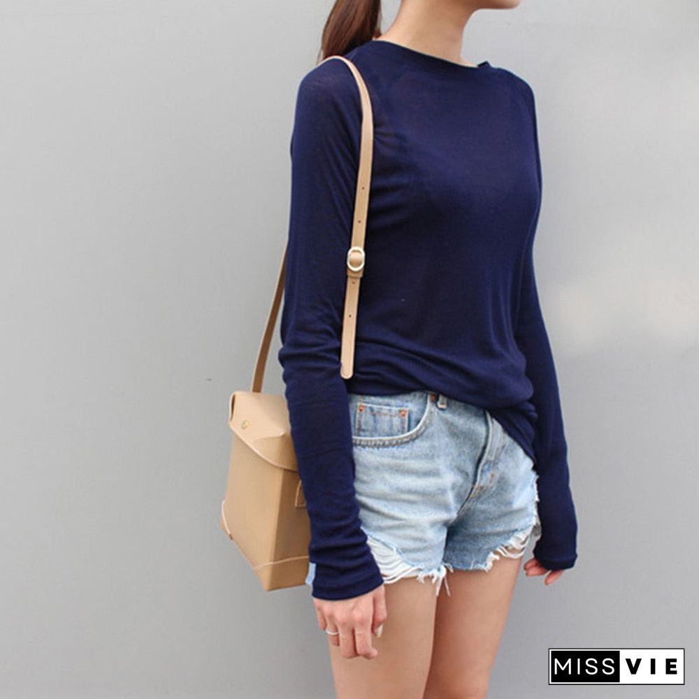 Sexy Women Long Sleeve T-Shirt O-Neck Slim Fit Warm Spring Summer Basic T-Shirts Korean Women Tops Black White Blue Pink