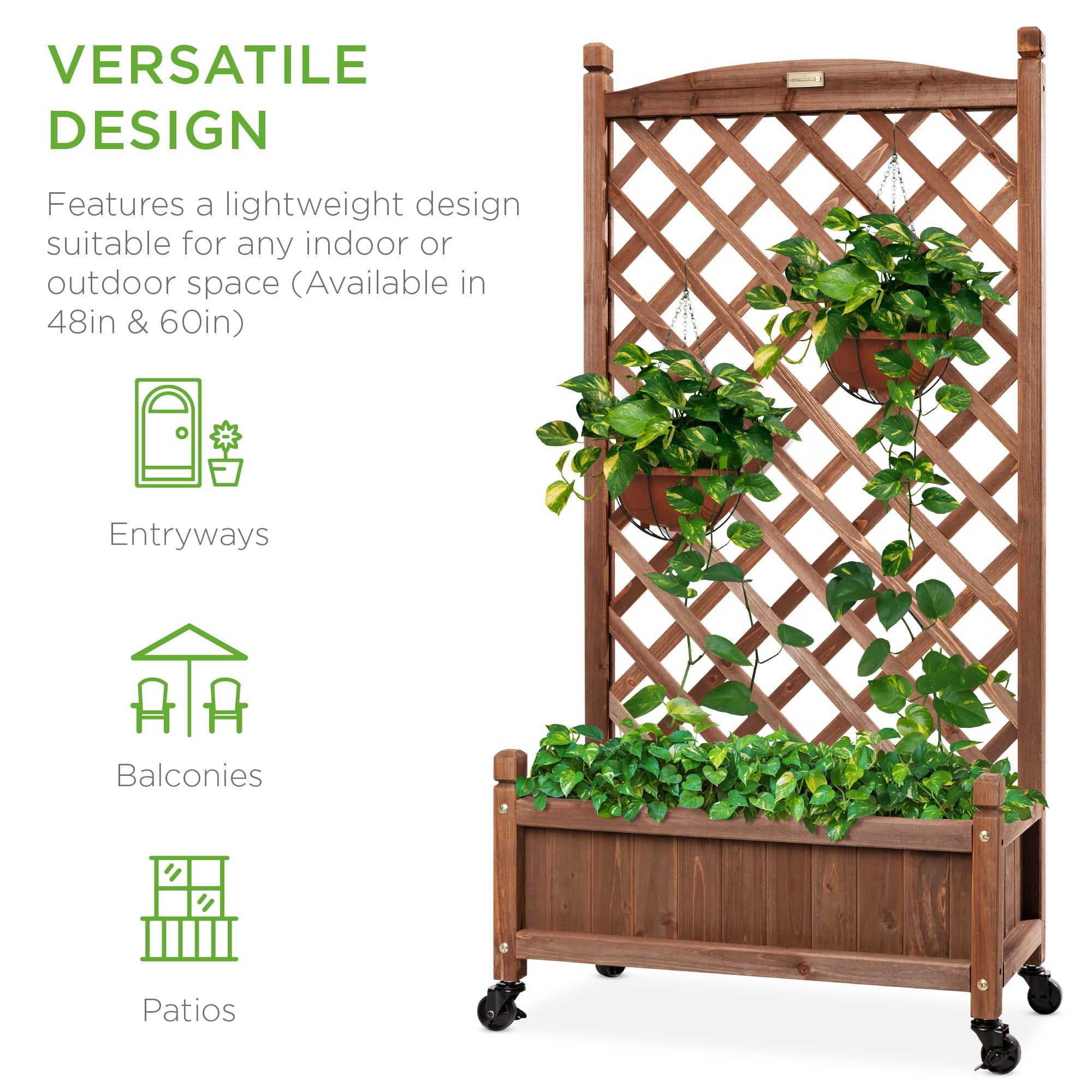 Best Choice Products 48in Mobile Wood Planter Box & Diamond Lattice Trellis, w/ Drainage Holes, Optional Wheels - Walnut