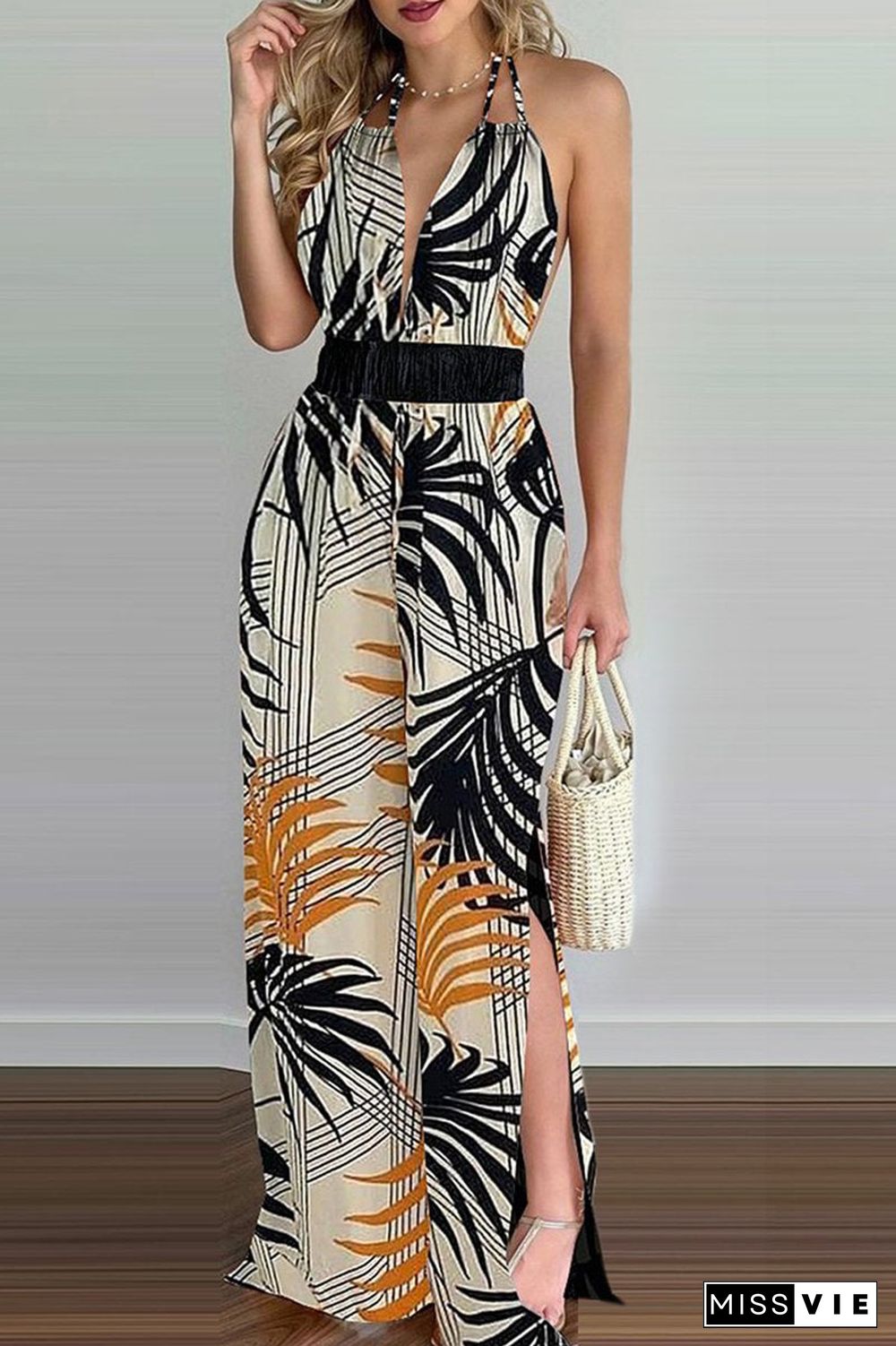 Halter Neck Plant Print Open Back Jumpsuit