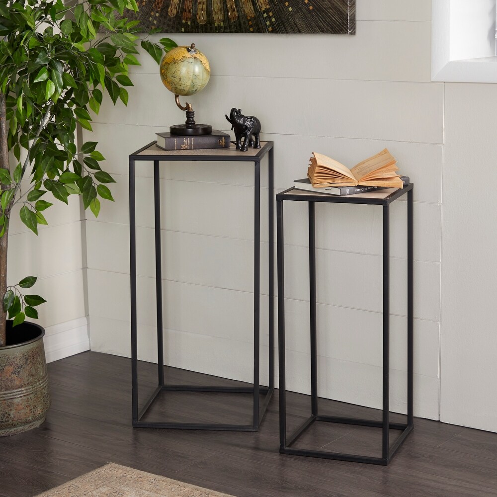 Black Metal Contemporary Accent Table with Brown Wood Tops (Set of 2)   13 x 13 x 28