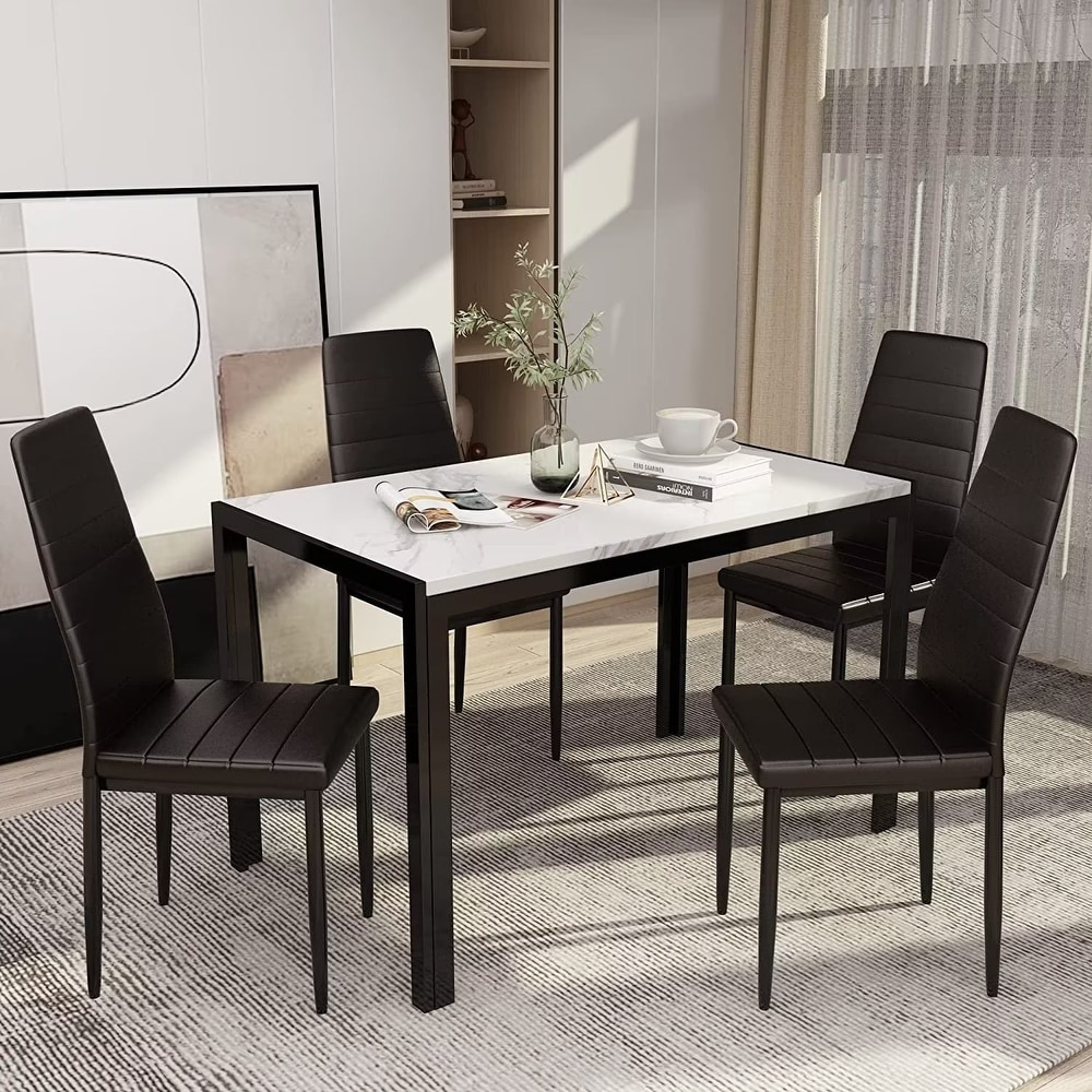 Mieres Modern Faux Marble 5 Pieces Kitchen Dining Set  Home Bar Dining Table Set with Upholstered PU Leather Chairs