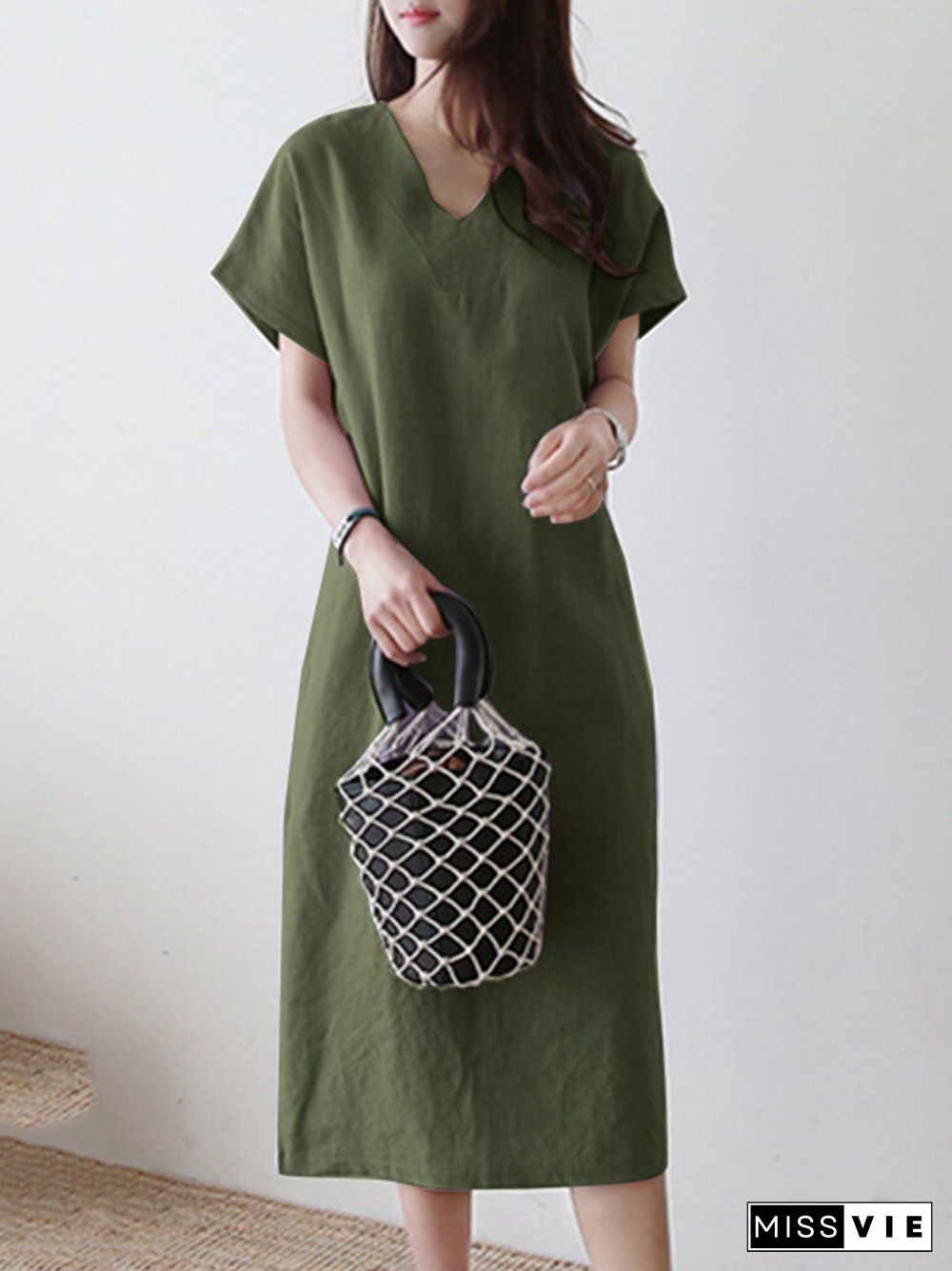 Solid V-neck Short Sleeve Dress For Women