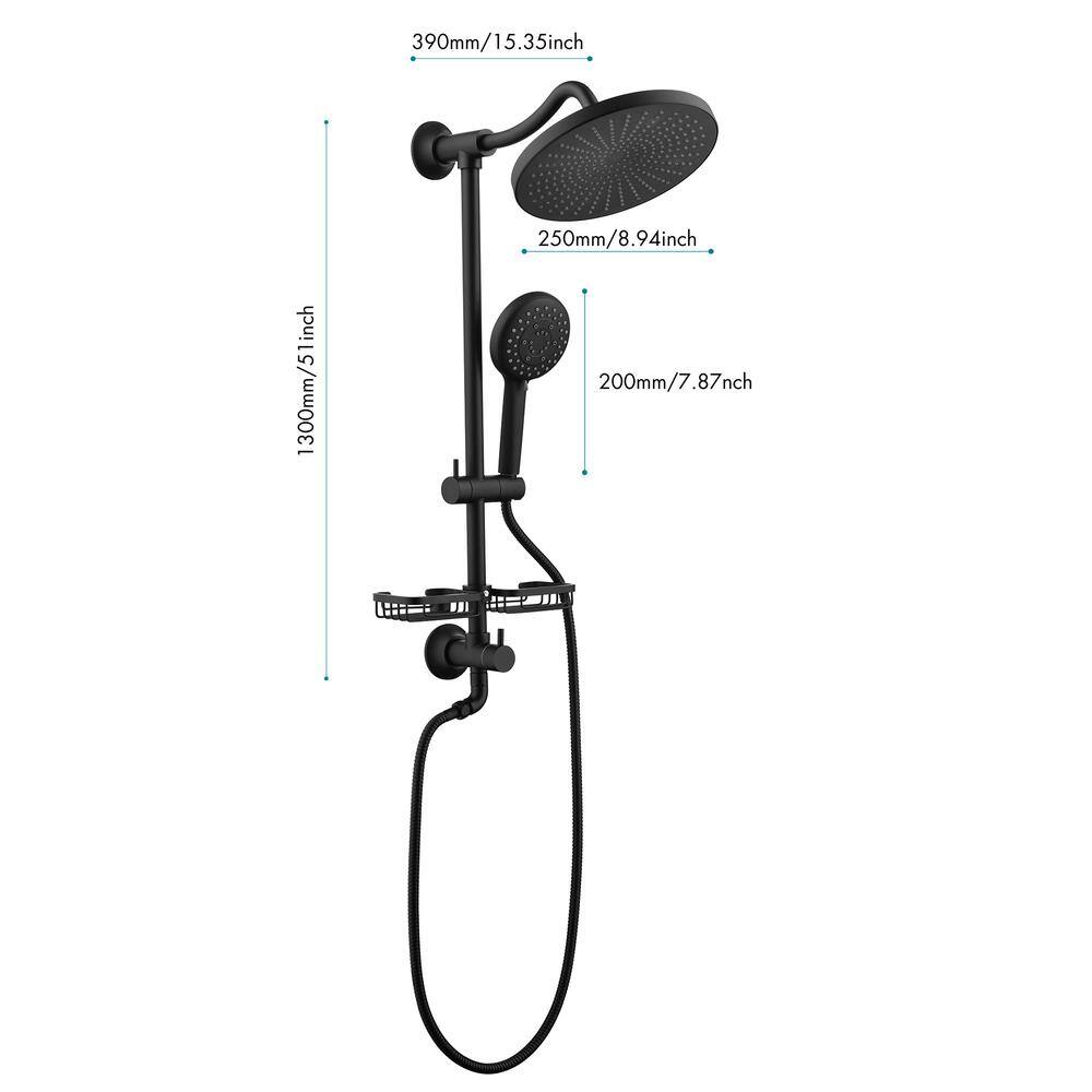 WELLFOR 5-Spray Patterns 10 in. Wall Mount Dual Shower Heads with Adjustable Slide Bar and Soap Dish in Matte Black WA-1033B-10MB