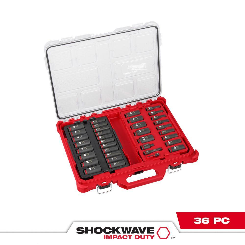 MW SHOCKWAVE Impact-Duty 38 in. Drive Metric and SAE Deep Well Impact PACKOUT Socket Set (36-Piece) 49-66-6805