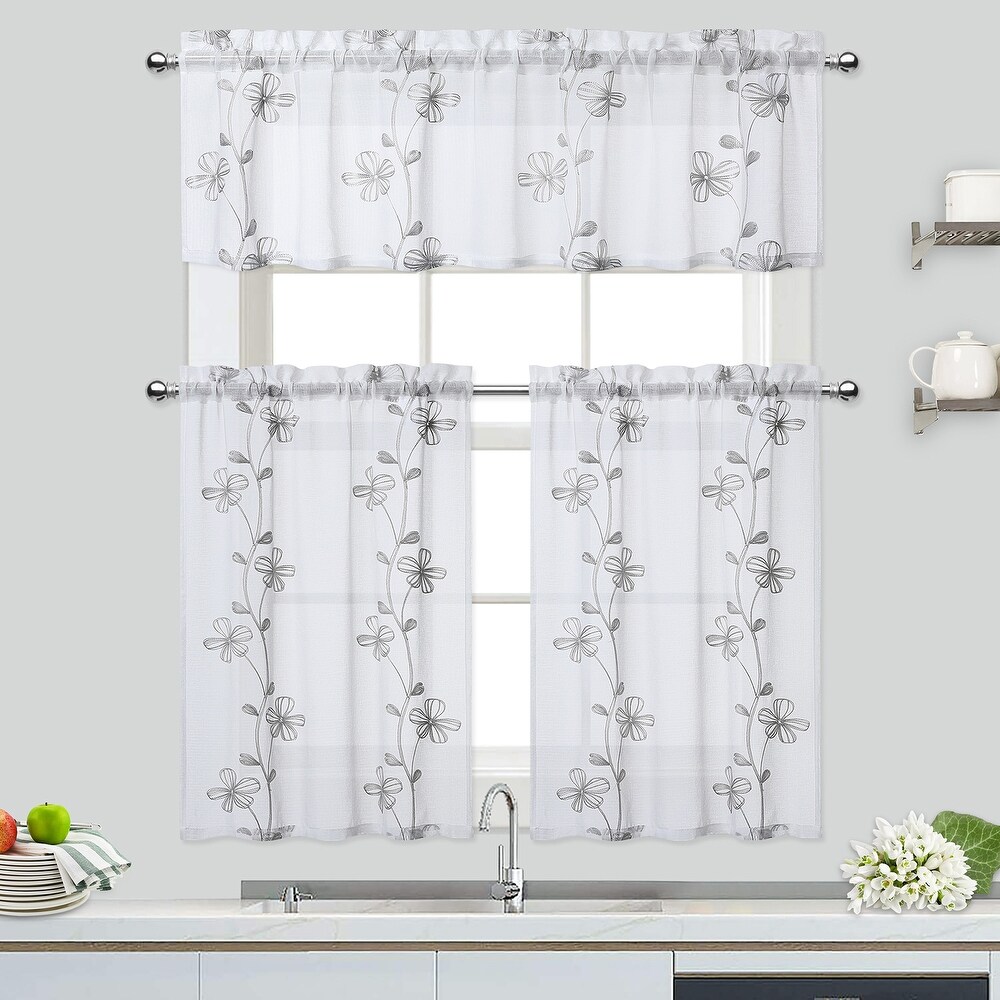 Sheer Kitchen Tier Curtains  Floral Embroidered Semi Sheer Short Curtain