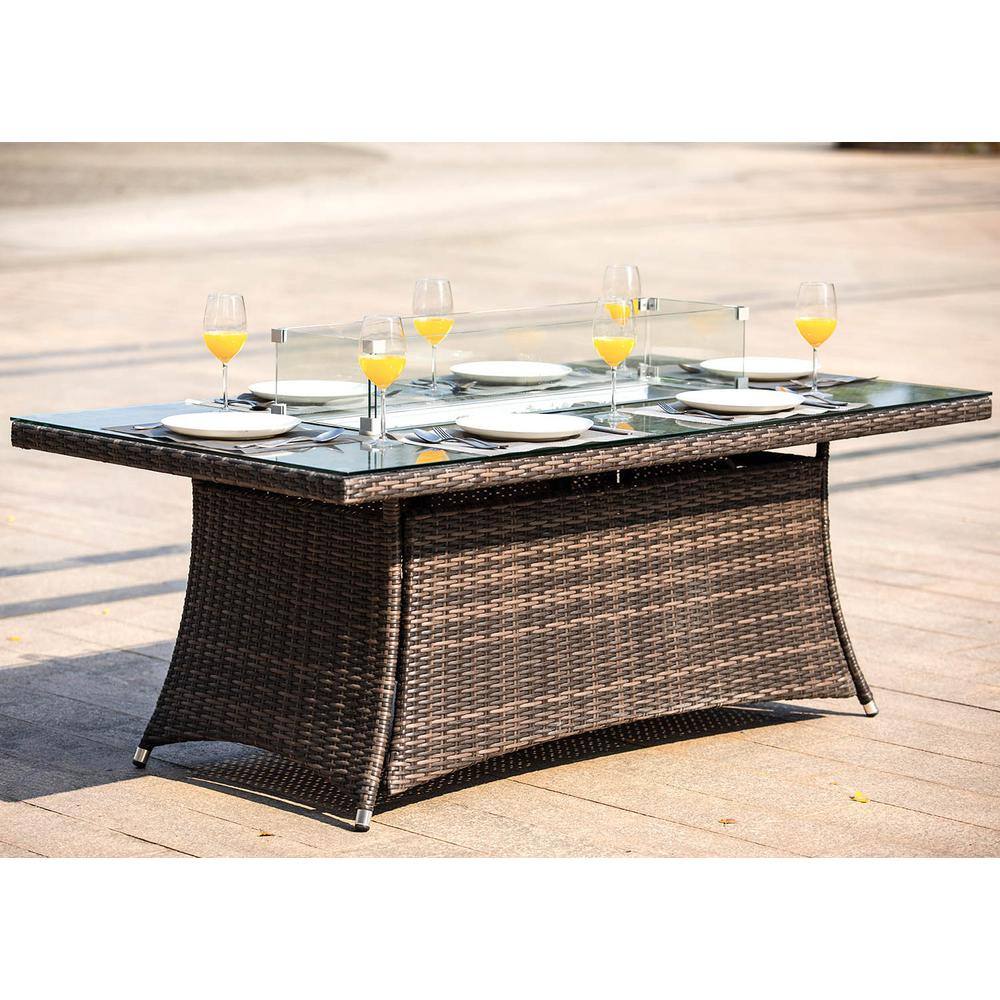 DIRECT WICKER Firefly Brown Wicker Rectangular Propane Fire Pit Table with Tempered Glass Surround DWG-1106R-T