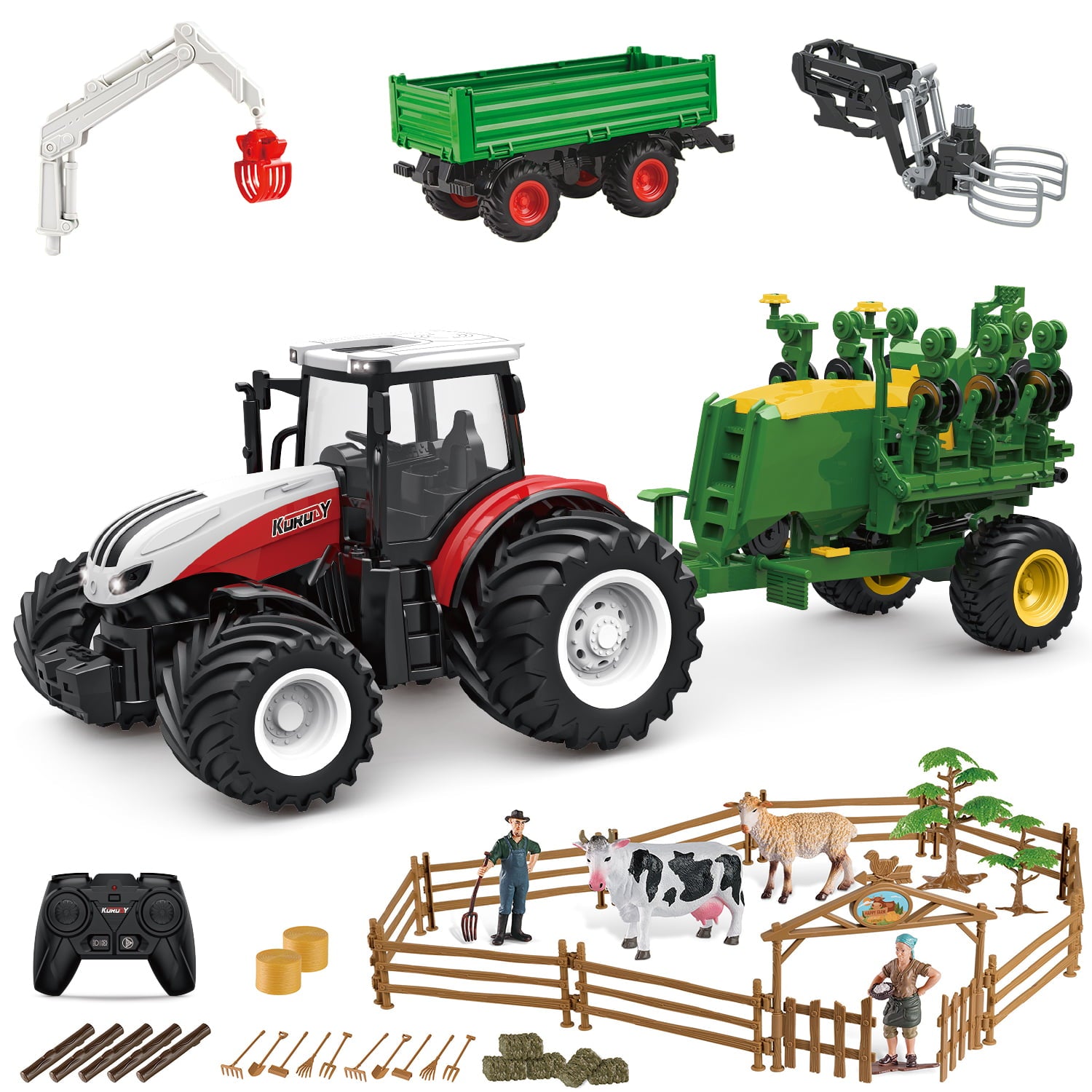 Fisca 4 in 1 Remote Control Farm Planter Tractor Set Toys with 4 Changeable Function Parts and DIY Ranch for Kids 3+