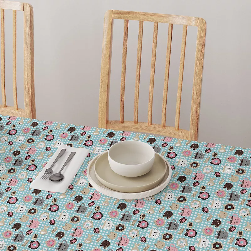 Rectangular Tablecloth， 100% Cotton， 60x104， Cat Lovers Mugs and Donuts